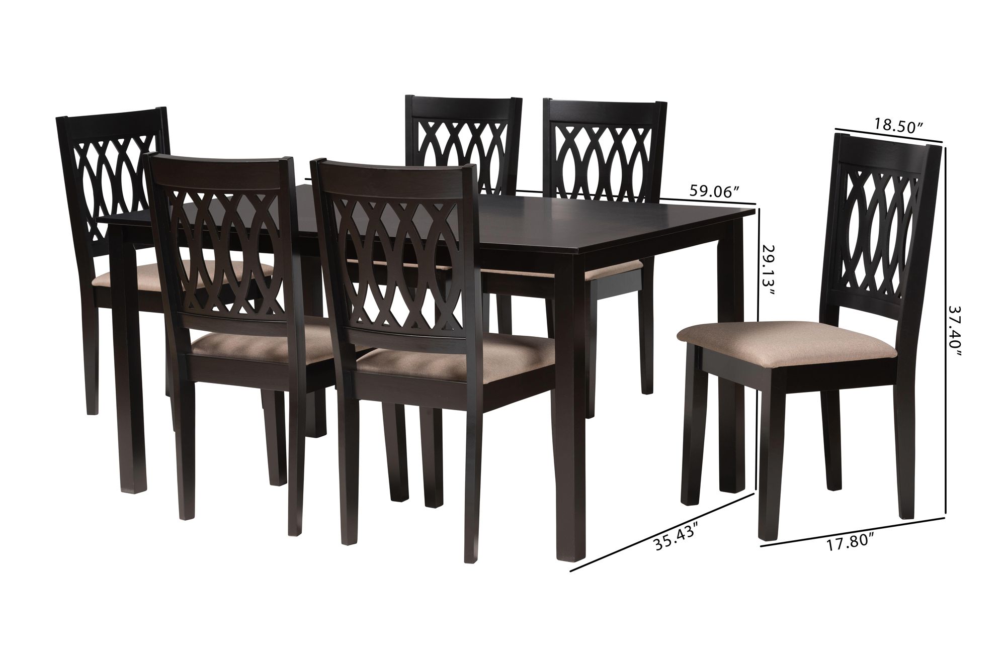 Florencia Espresso Wood Beige Fabric 7-Piece Dining Set