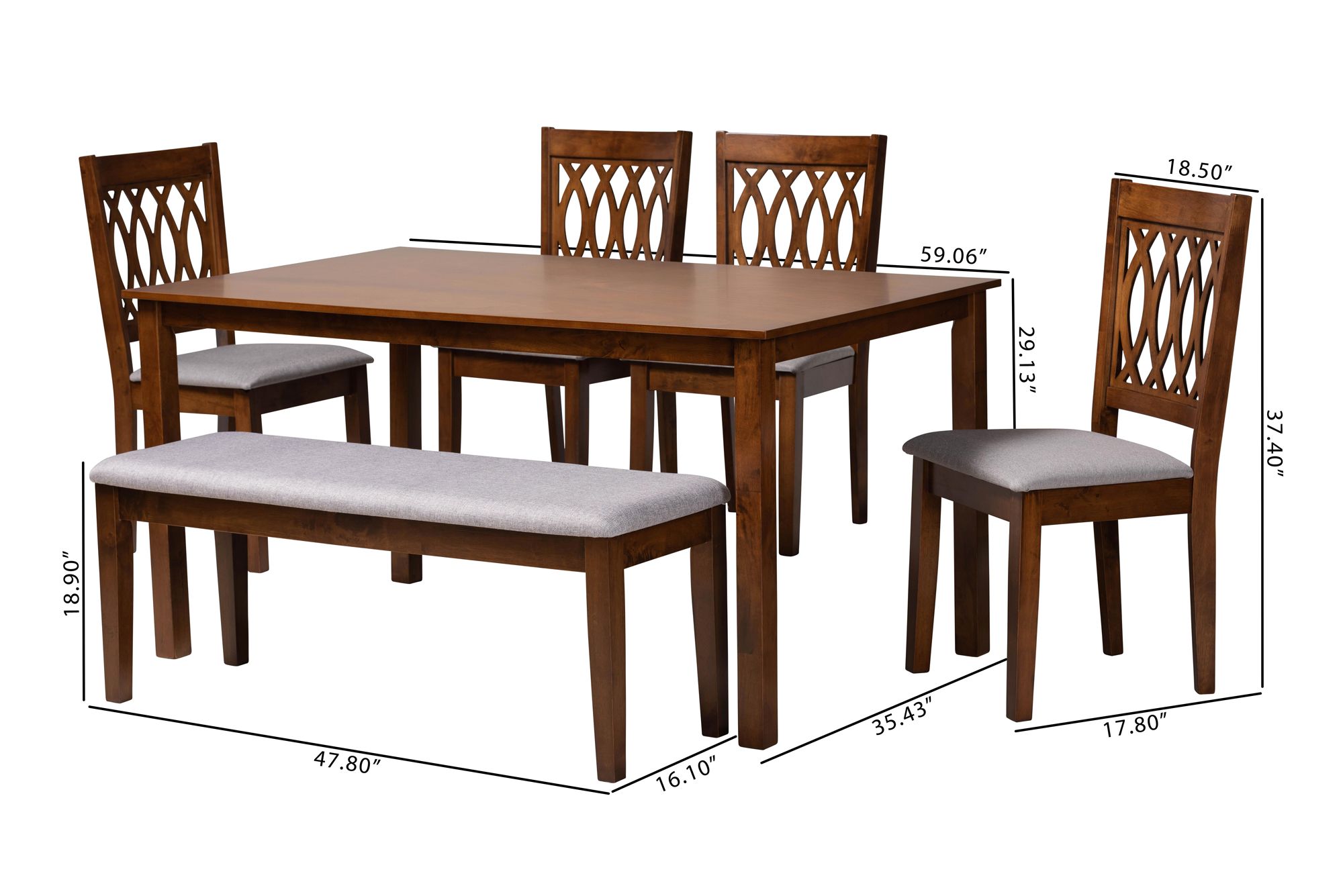 Florencia Walnut Brown Wood Gray Fabric 6-Piece Dining Set