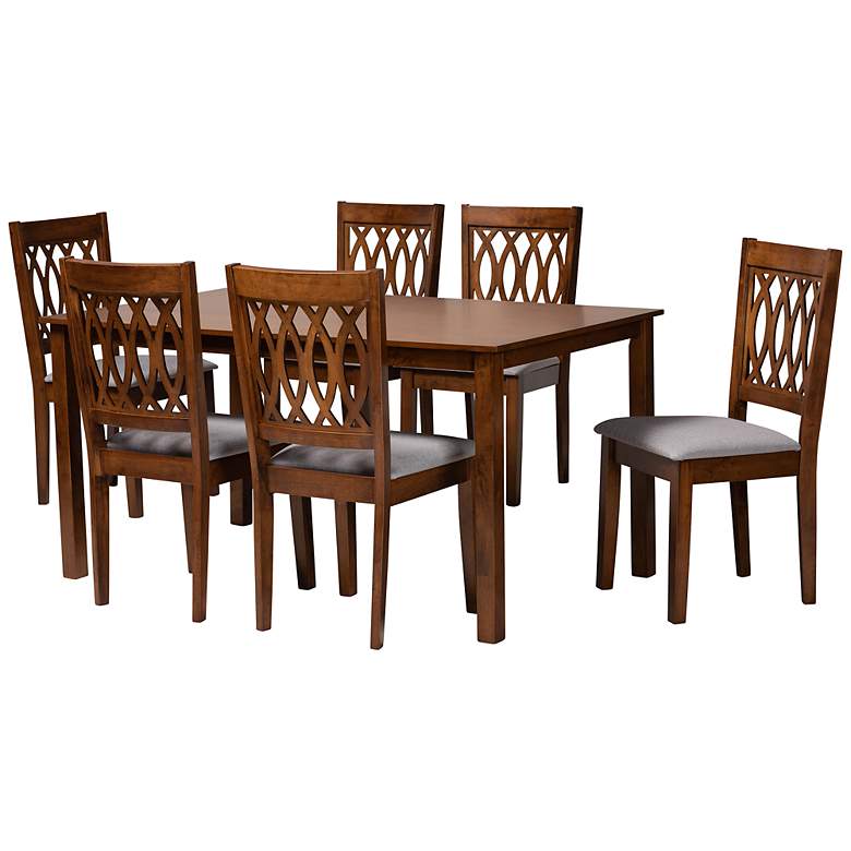 Image 2 Florencia Walnut Brown Wood Gray Fabric 7-Piece Dining Set