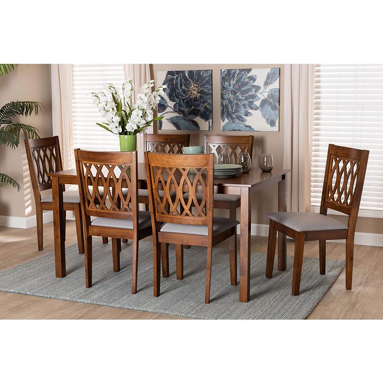 Image 6 Florencia Walnut Brown Wood Gray Fabric 7-Piece Dining Set more views