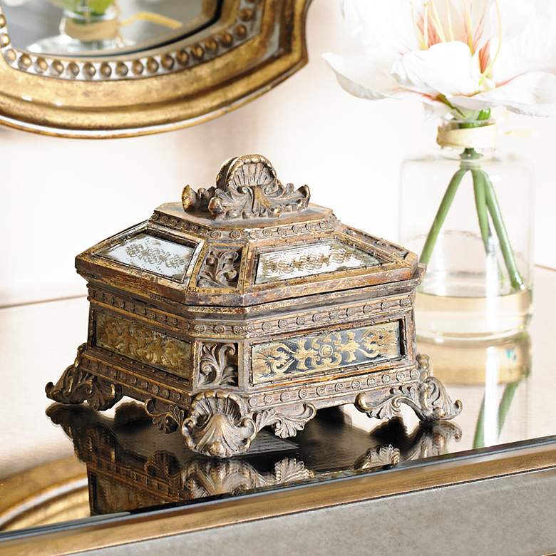 Image 1 Florentine 5 3/4" Wide Antique Gold Mirrored Jewelry Box
