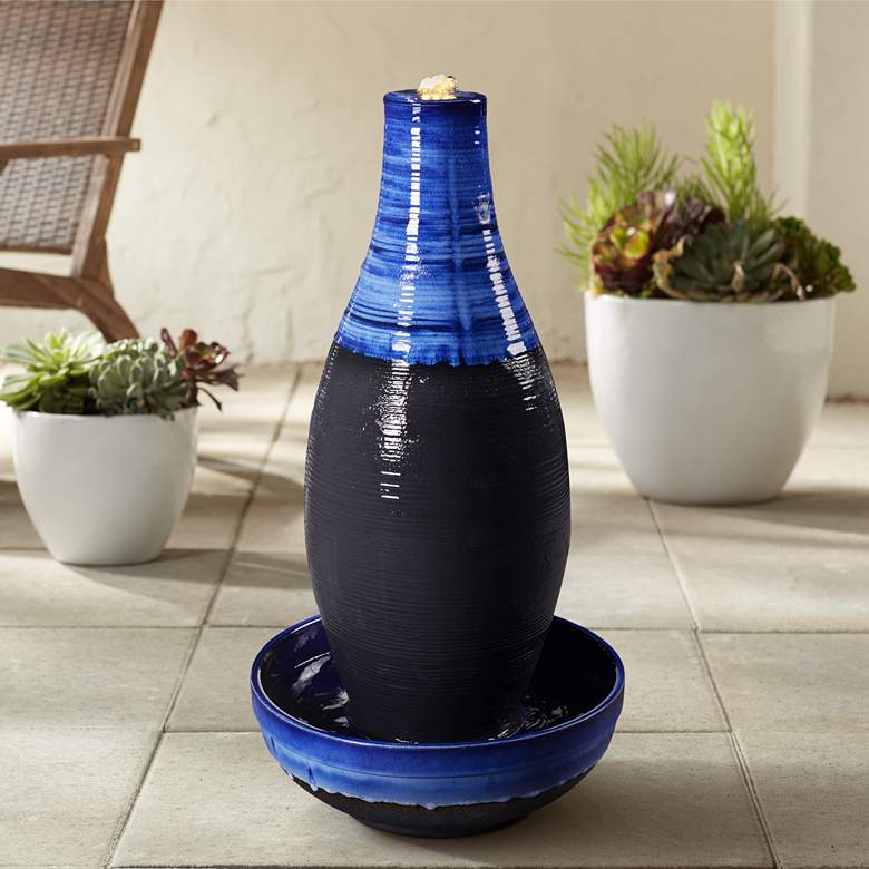 Image 1 Florero 30" High Blue and Black LED Bubbler Floor Fountain