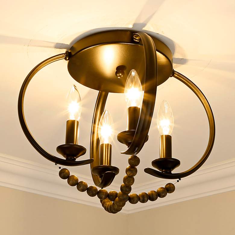 Image 1 Flori 14 1/2" Wide Matte Black 4-Light Flush Mount With Espresso Wood