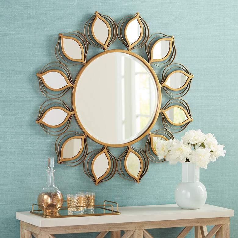 Image 1 Florin Gold 37 inch Round Peacock Feather Wall Mirror