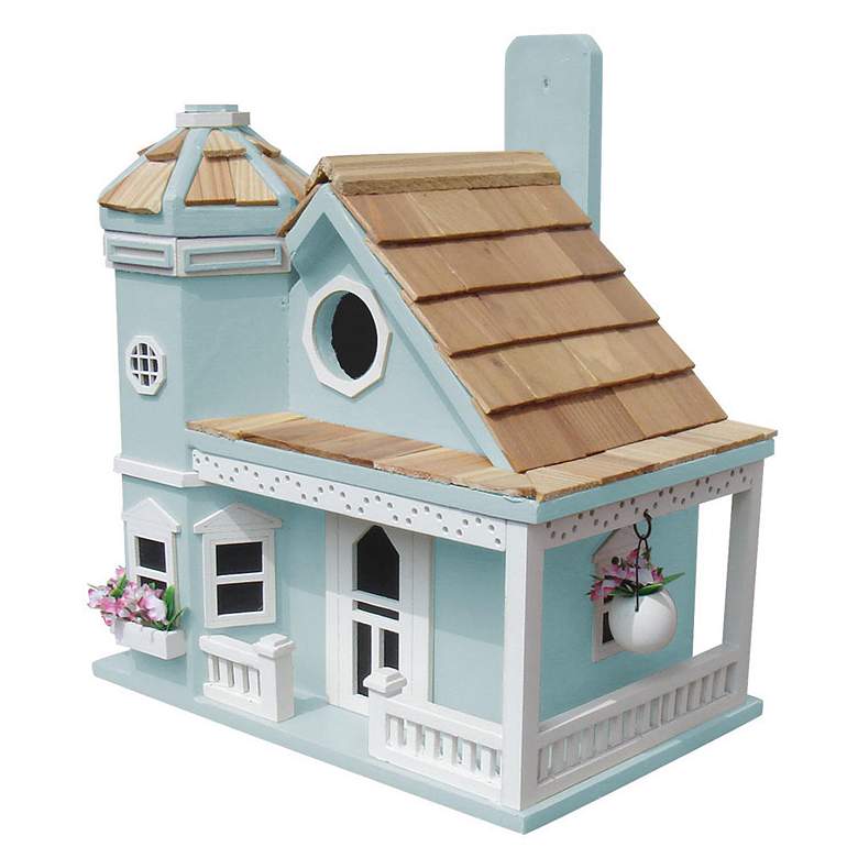 Image 1 Flower Pot Cottage Blue Wood Birdhouse