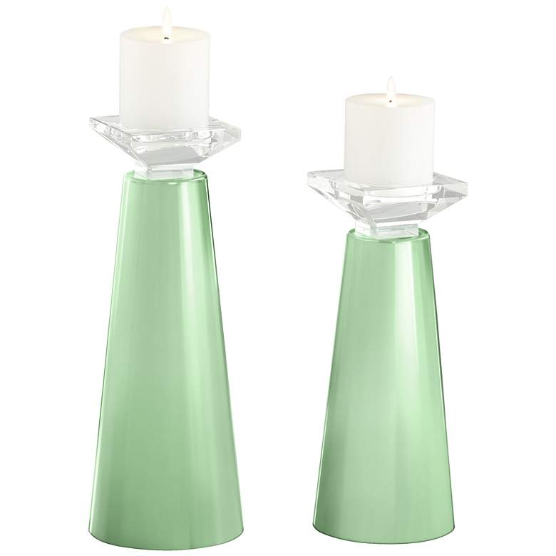 Image 2 Flower Stem Green Glass Candle Holders from Color Plus