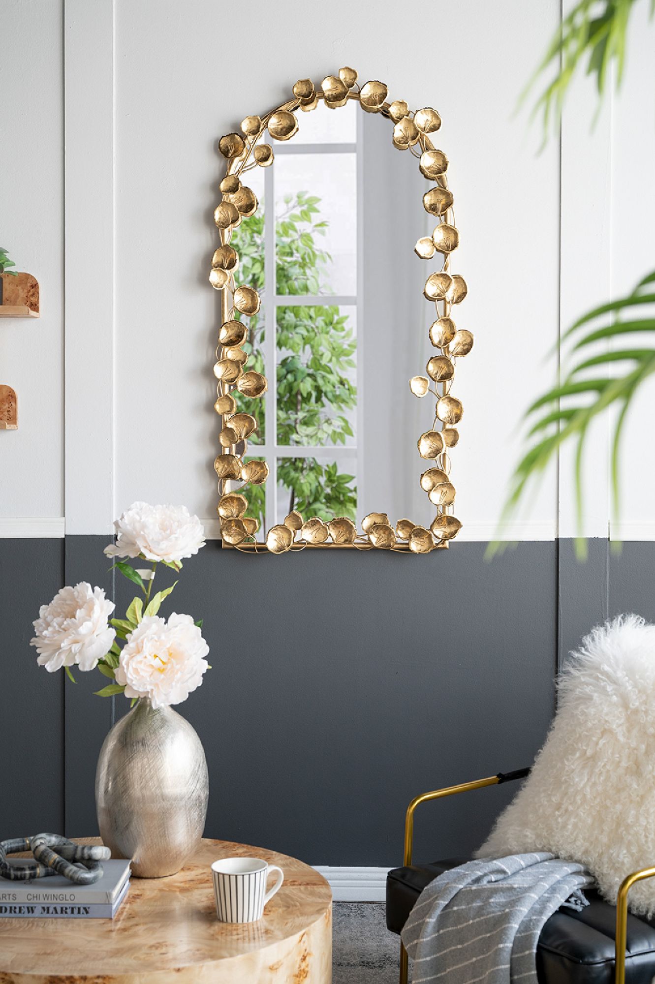 Flowers and Vines Gold Leaf 29" x 51 1/2" Arch Wall Mirror