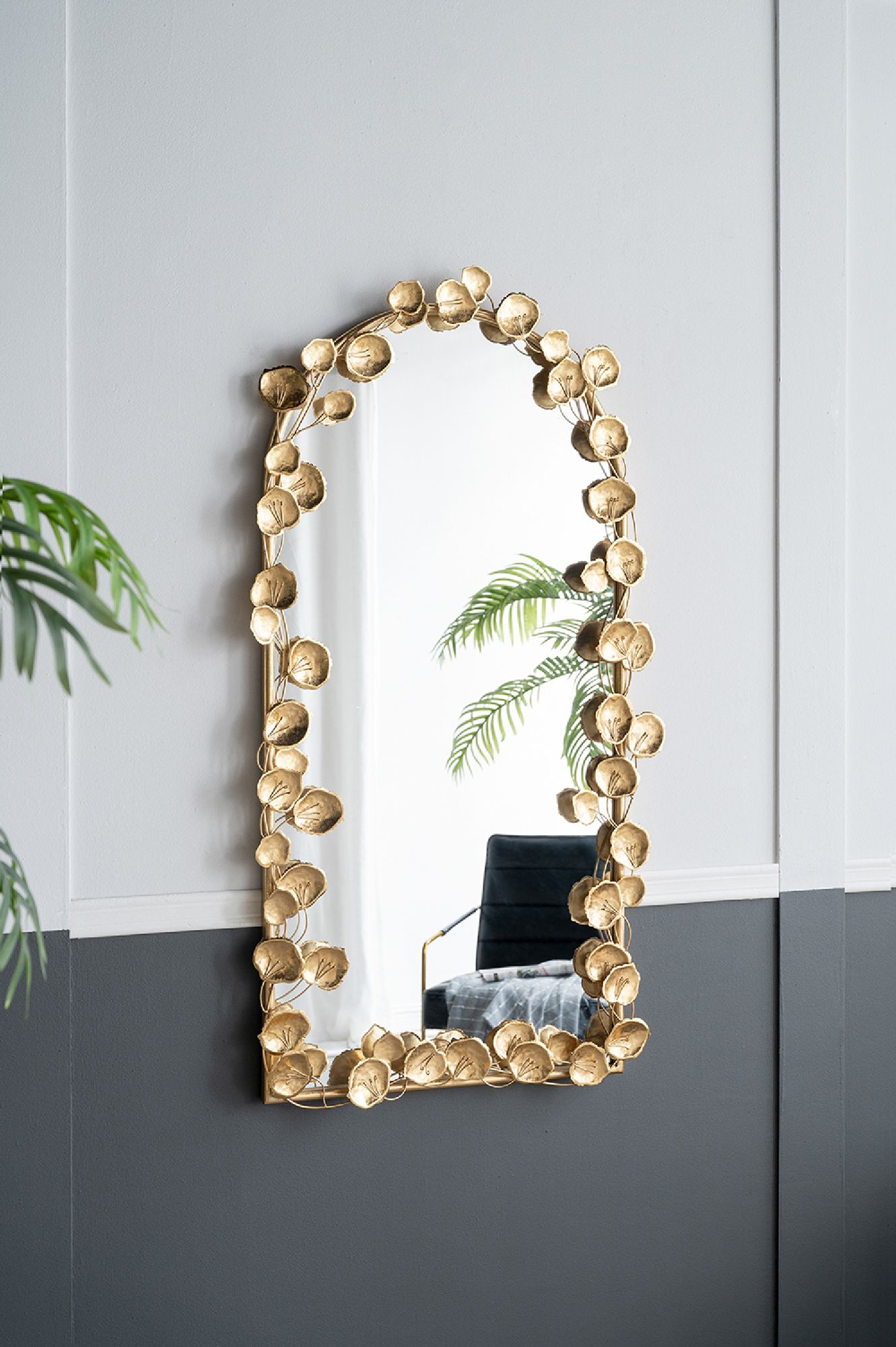 Flowers and Vines Gold Leaf 29" x 51 1/2" Arch Wall Mirror