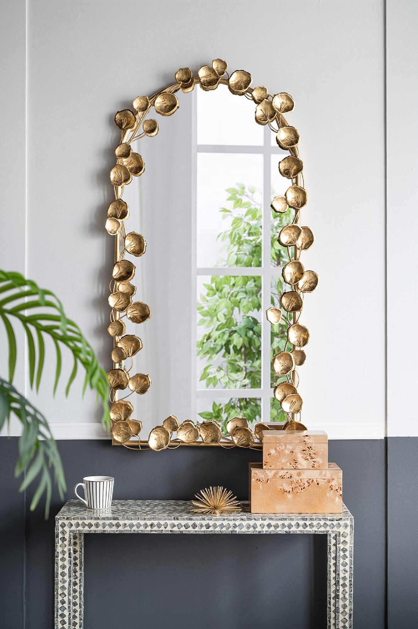 Flowers and Vines Gold Leaf 29" x 51 1/2" Arch Wall Mirror