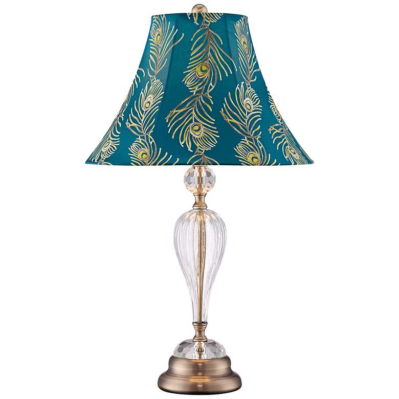 Image 1 Fluted Glass Column Lamp with Peacock Feather Shade
