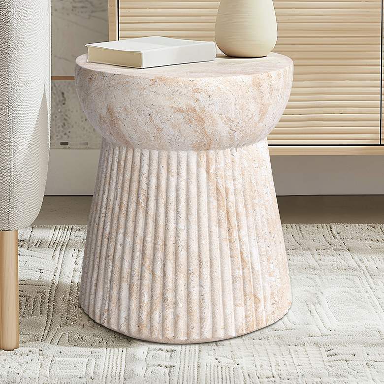 Image 1 Fluted Travertine Stone Finish Italian Design MgO Side Accent Table