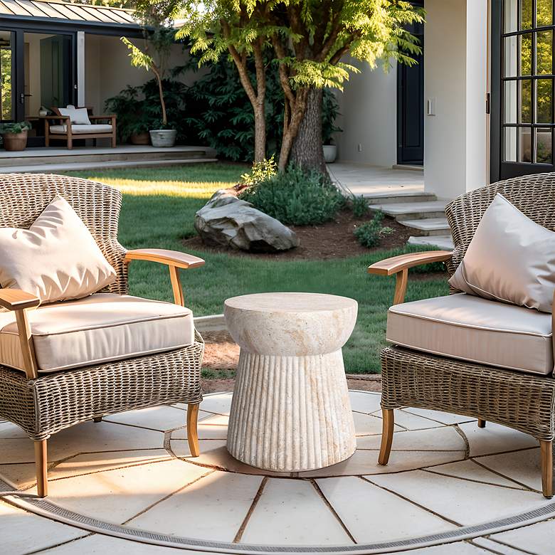 Image 6 Fluted Travertine Stone Finish Italian Design MgO Side Accent Table more views