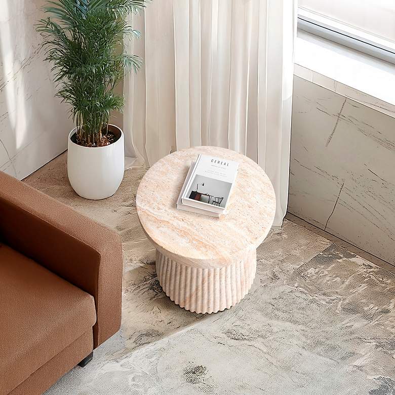 Image 7 Fluted Travertine Stone Finish Italian Design MgO Side Accent Table more views