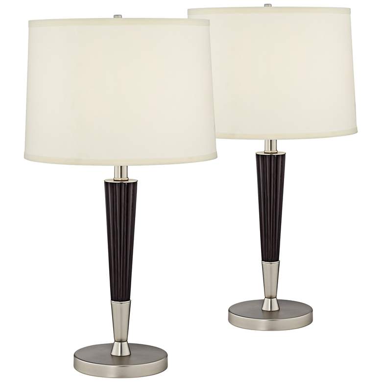 Image 1 Fluted Wood And Brushed Steel Finish Table Lamps Set of 2