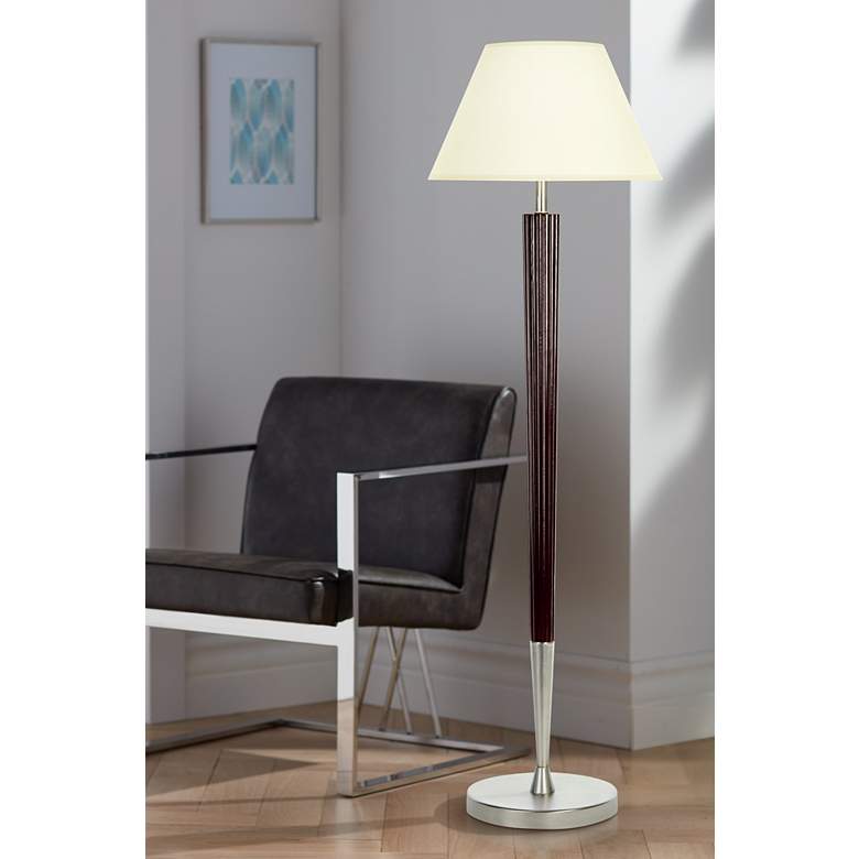 Image 1 Fluted Wood Floor Lamp with Brushed Steel Accents