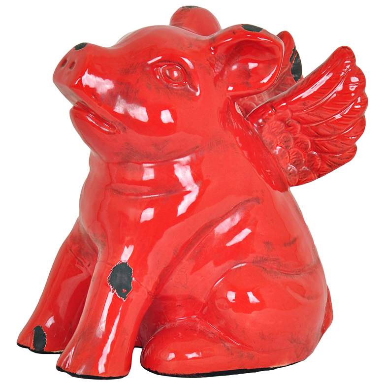 Image 1 Flying Pig 9 1/2" High Red Ceramic Country Farmhouse Statue