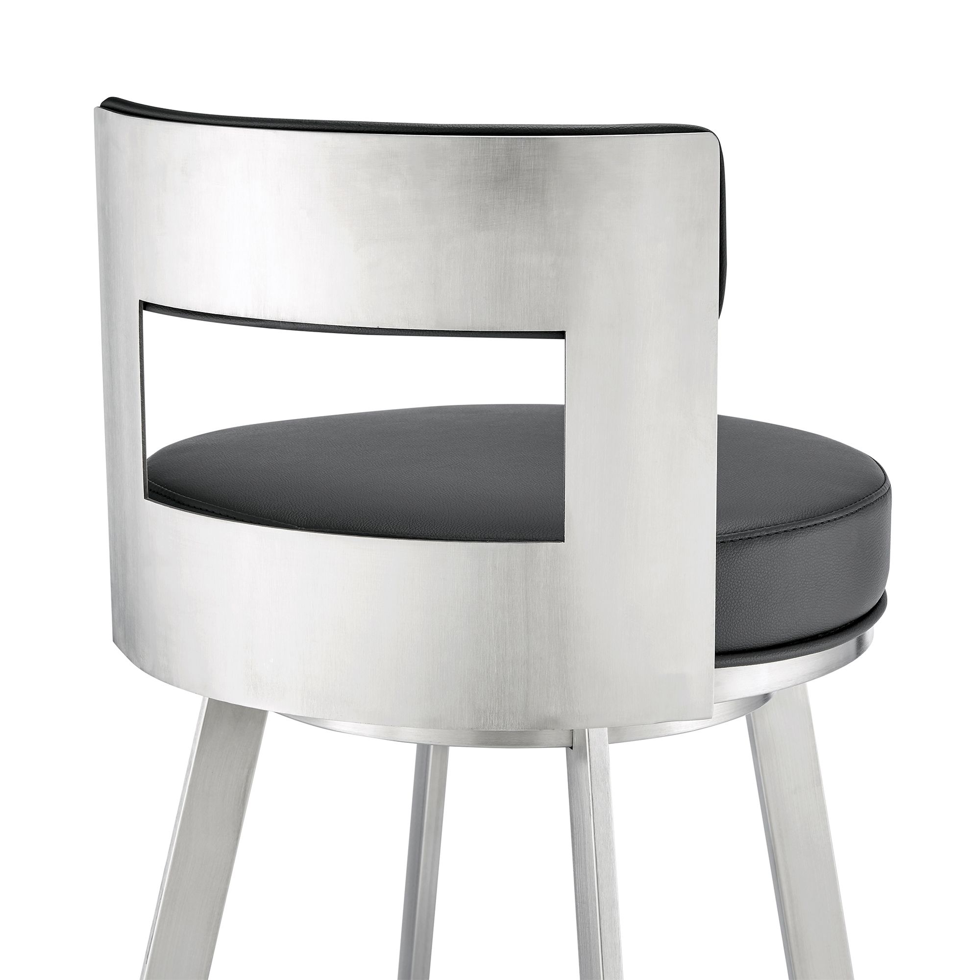 Flynn 26 in. Swivel Barstool in Black Faux Leather, Stainless Steel