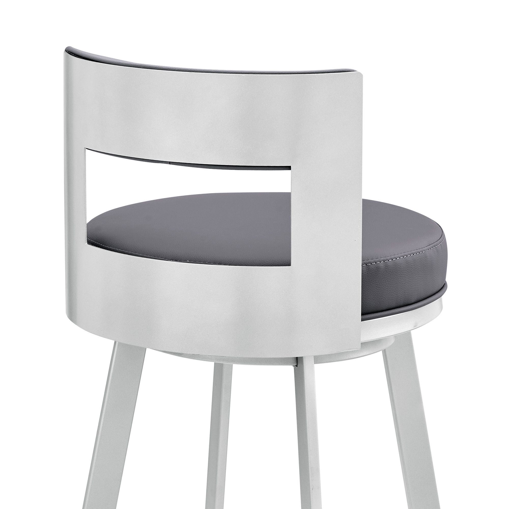 Flynn 26 in. Swivel Barstool in Gray Faux Leather, Silver Metal