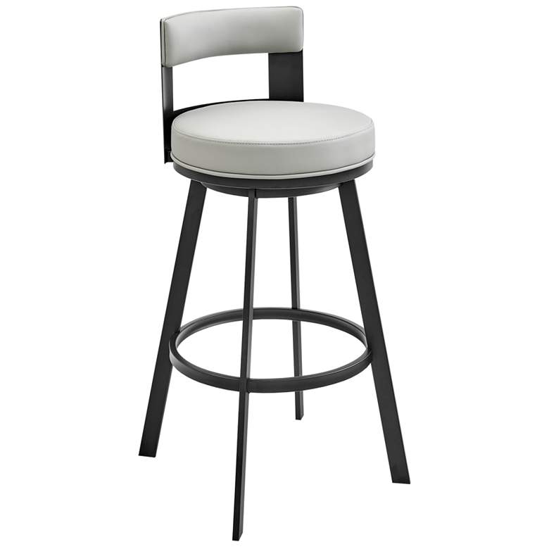 Image 1 Flynn 26 in. Swivel Barstool in Light Gray Faux Leather, Black Metal