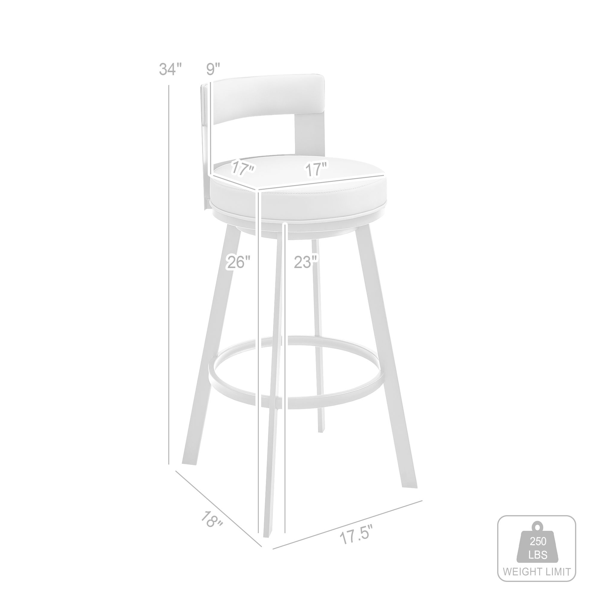 Flynn 26 in. Swivel Barstool in Light Gray Faux Leather, Black Metal