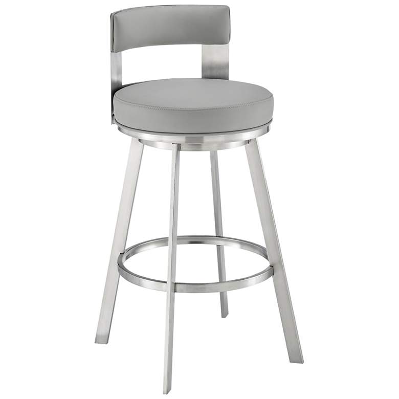 Image 1 Flynn 26 in. Swivel Barstool in Light Gray Faux Leather, Stainless Steel