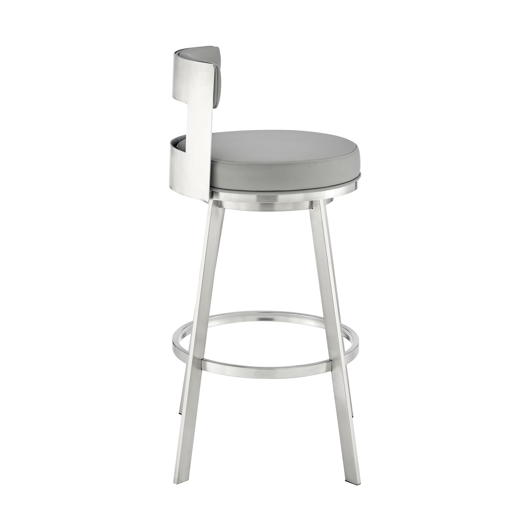 Image 4 Flynn 26 in. Swivel Barstool in Light Gray Faux Leather, Stainless Steel more views