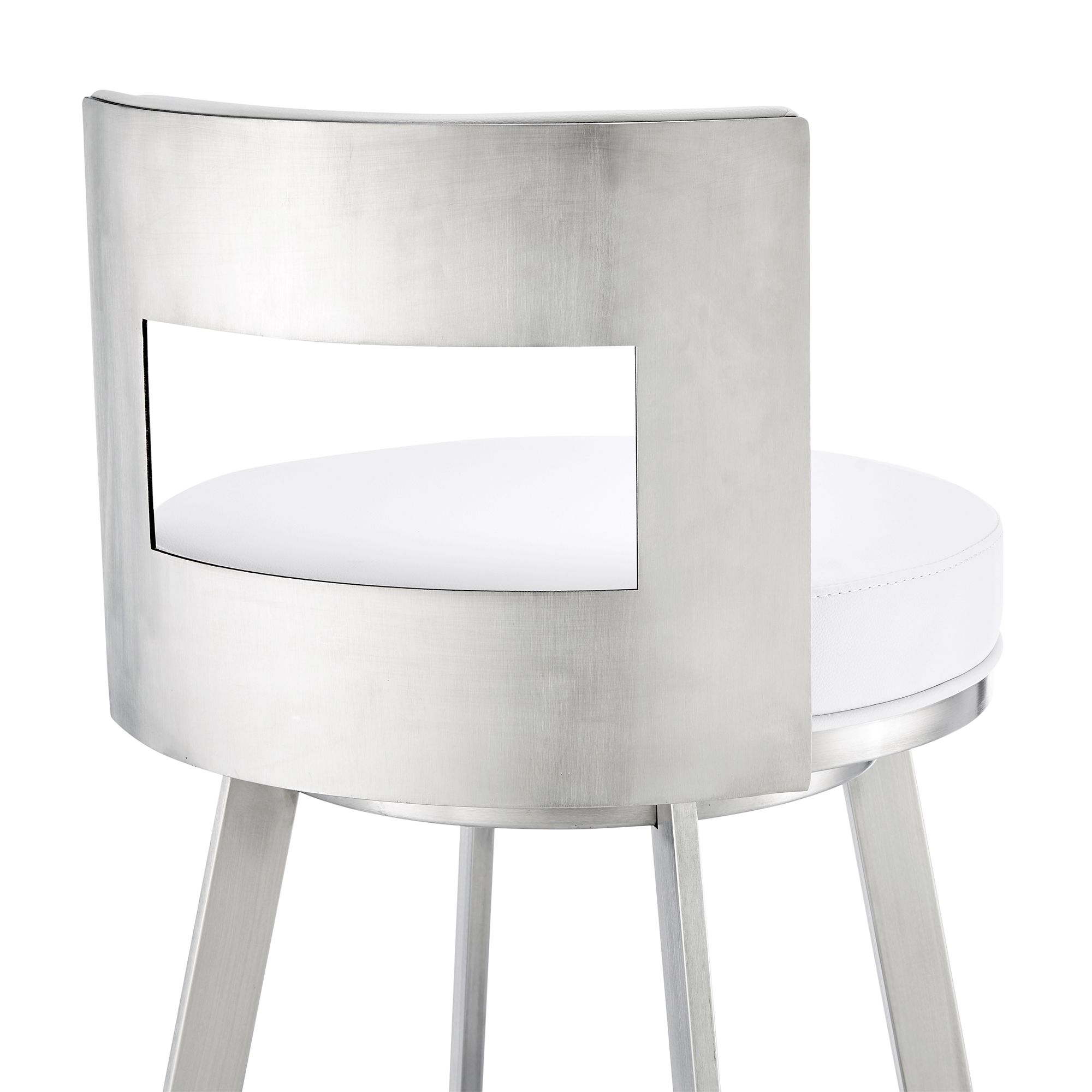 Flynn 26 in. Swivel Barstool in White Faux Leather, Stainless Steel