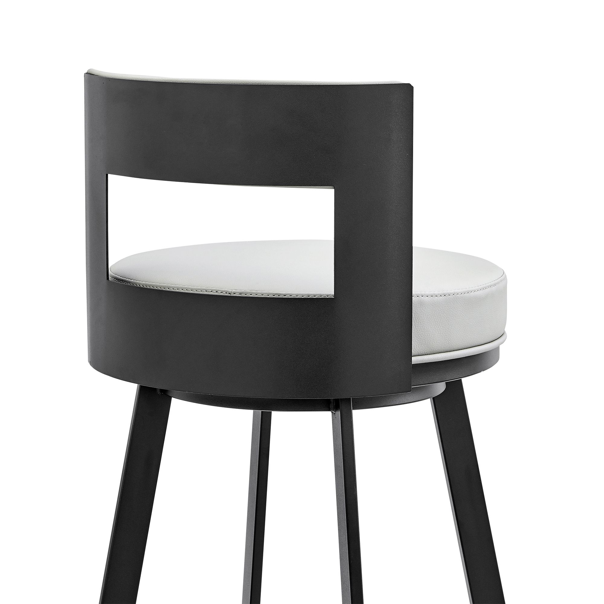 Flynn 30 in. Swivel Barstool in Light Gray Faux Leather, Black Metal