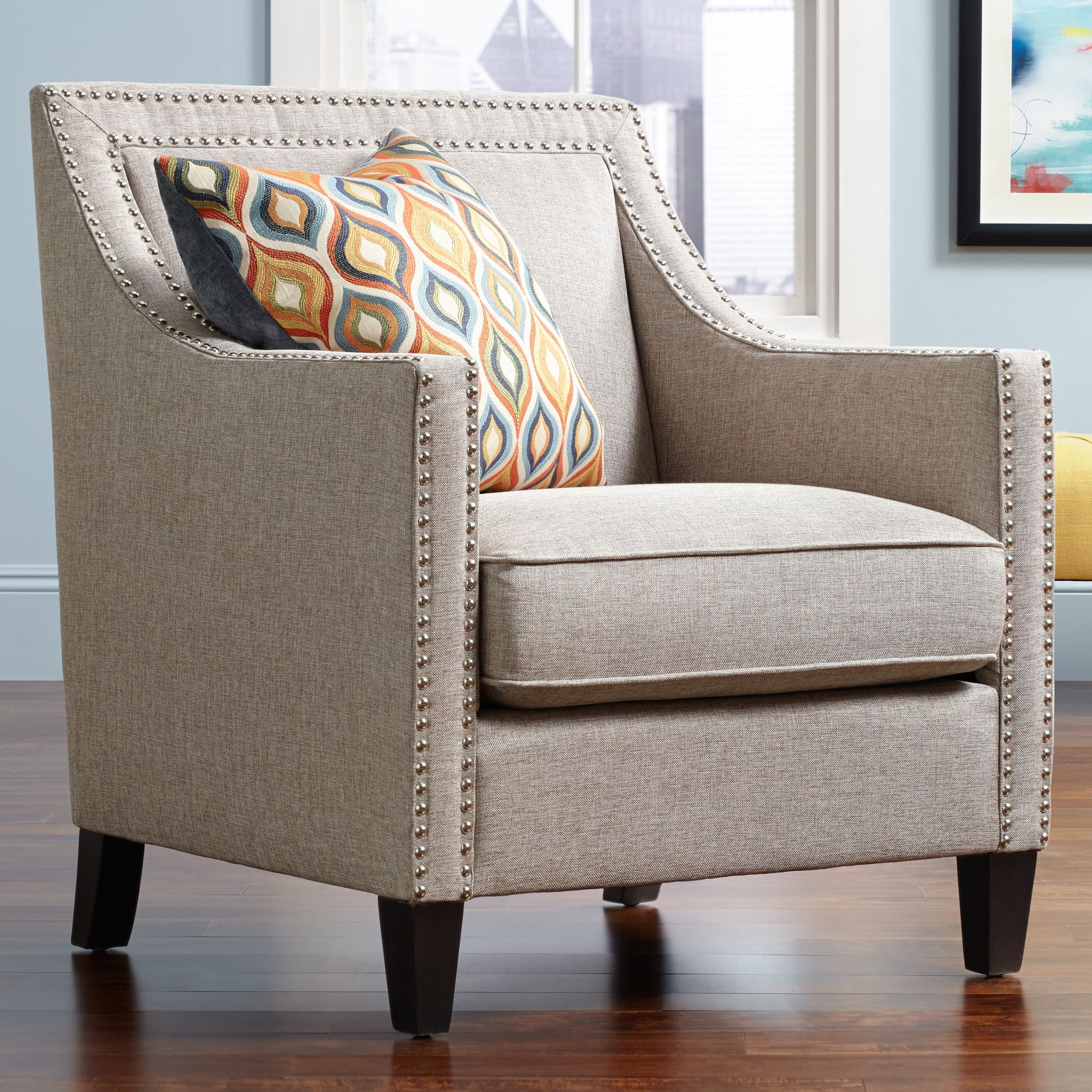 Grey accent chair discount with nailhead trim