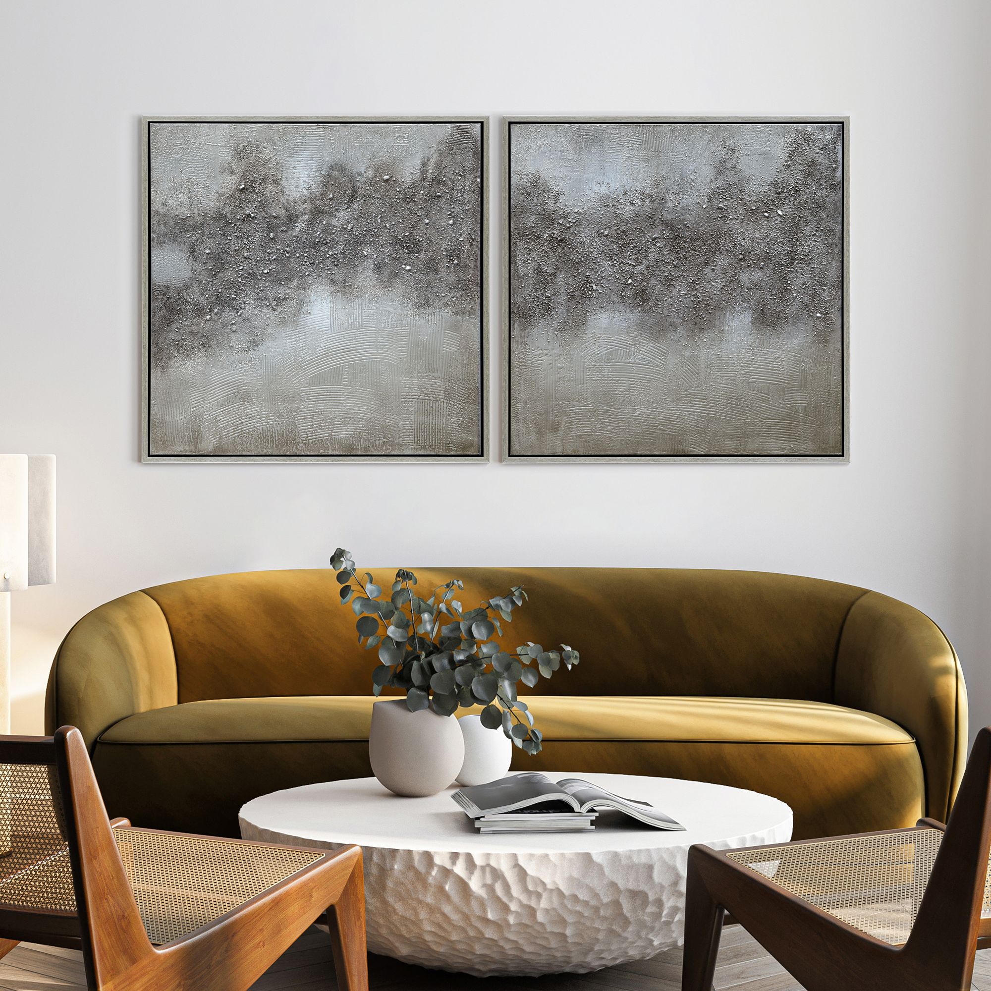 Fog 72" Wide Metallic 2-Piece Framed Canvas Wall Art Set in scene