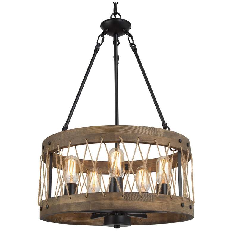 Image 1 Follio 18" Wide 5-Light Rustic Wood Drum Chandelier