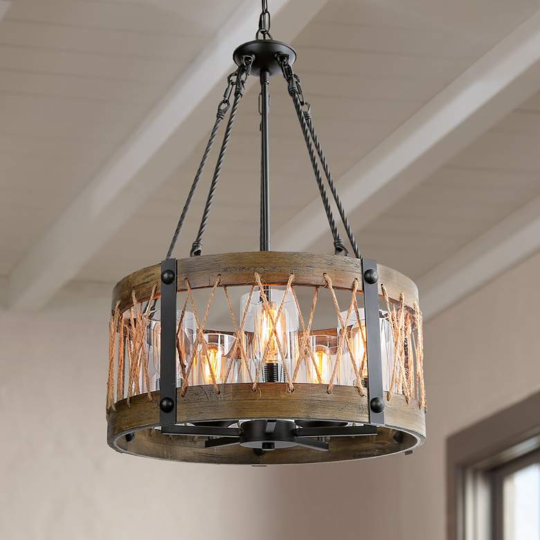 Image 1 Follio 19" Wide Matte Black and Natural Wood Pendant Light