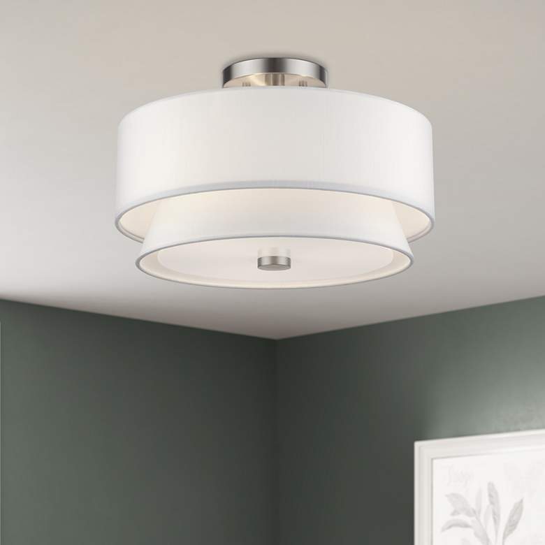 Image 1 Fontana 3 Light Brushed Nickel Large Semi-Flush with Off-White Shades