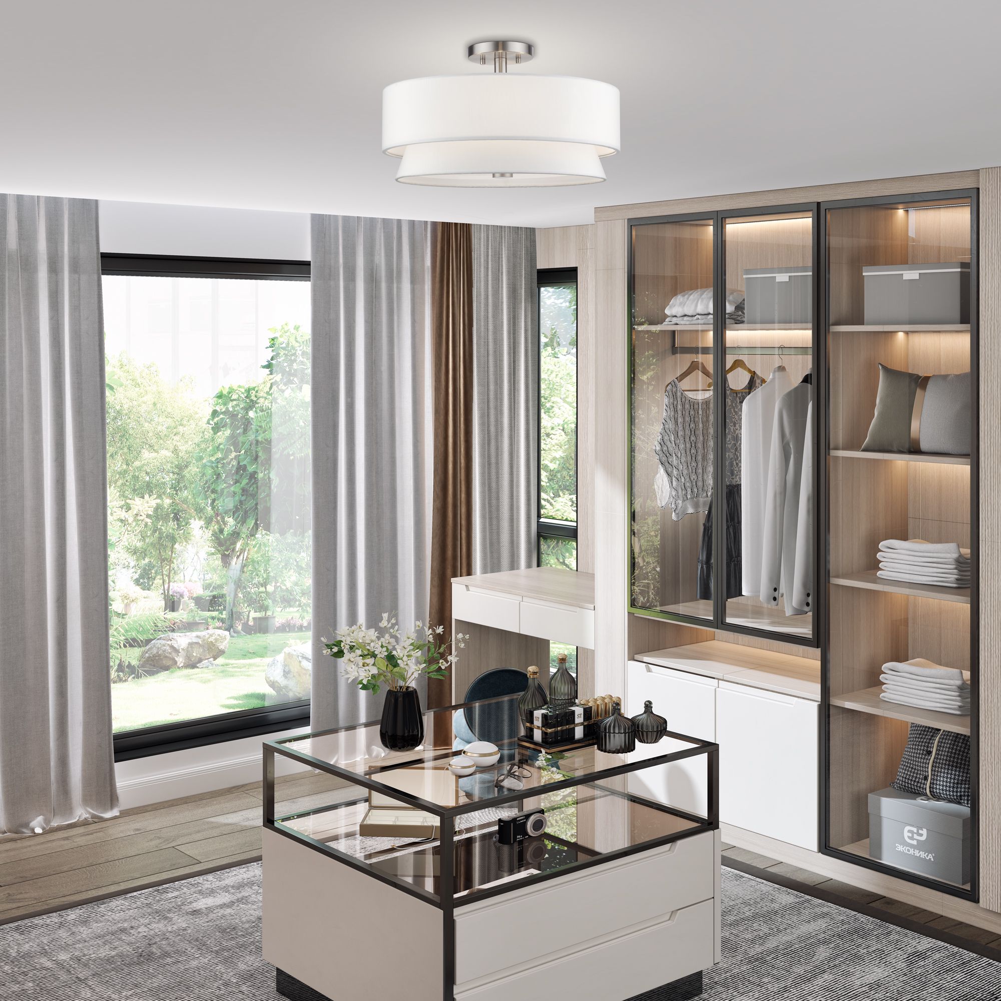 Fontana 4 Light Brushed Nickel Large Semi-Flush with Off-White Shades