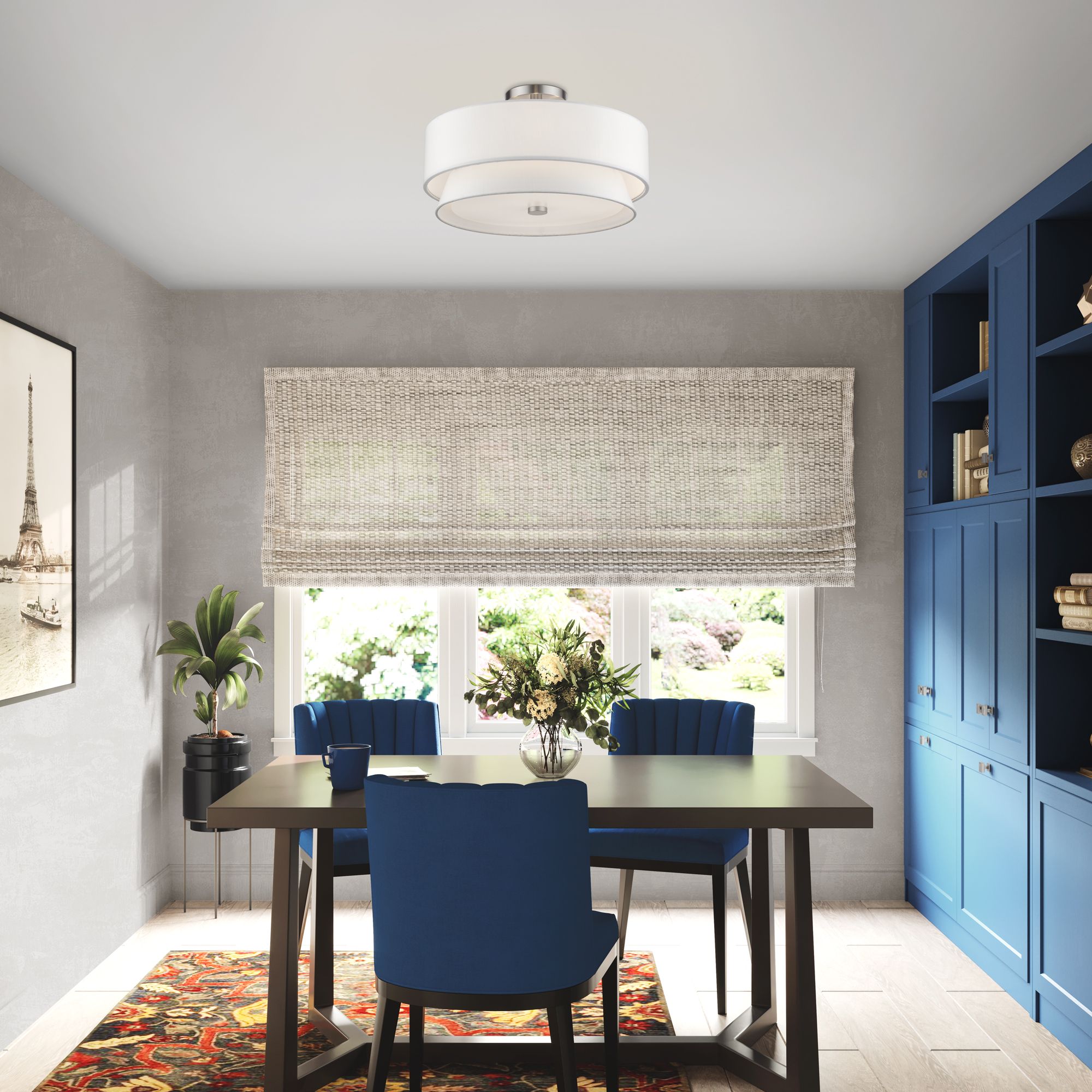 Fontana 4 Light Brushed Nickel Large Semi-Flush with Off-White Shades