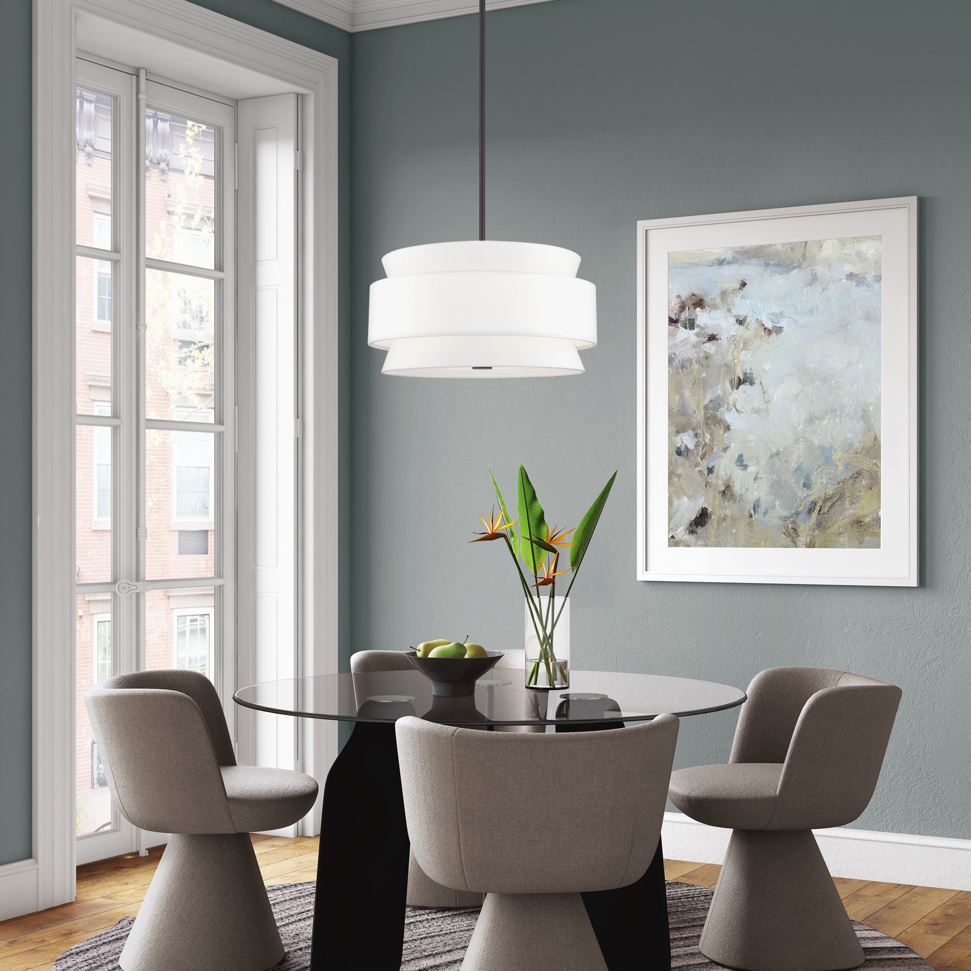 Fontana 4 Light Pendant Chandelier with Off-White Fabric Shade