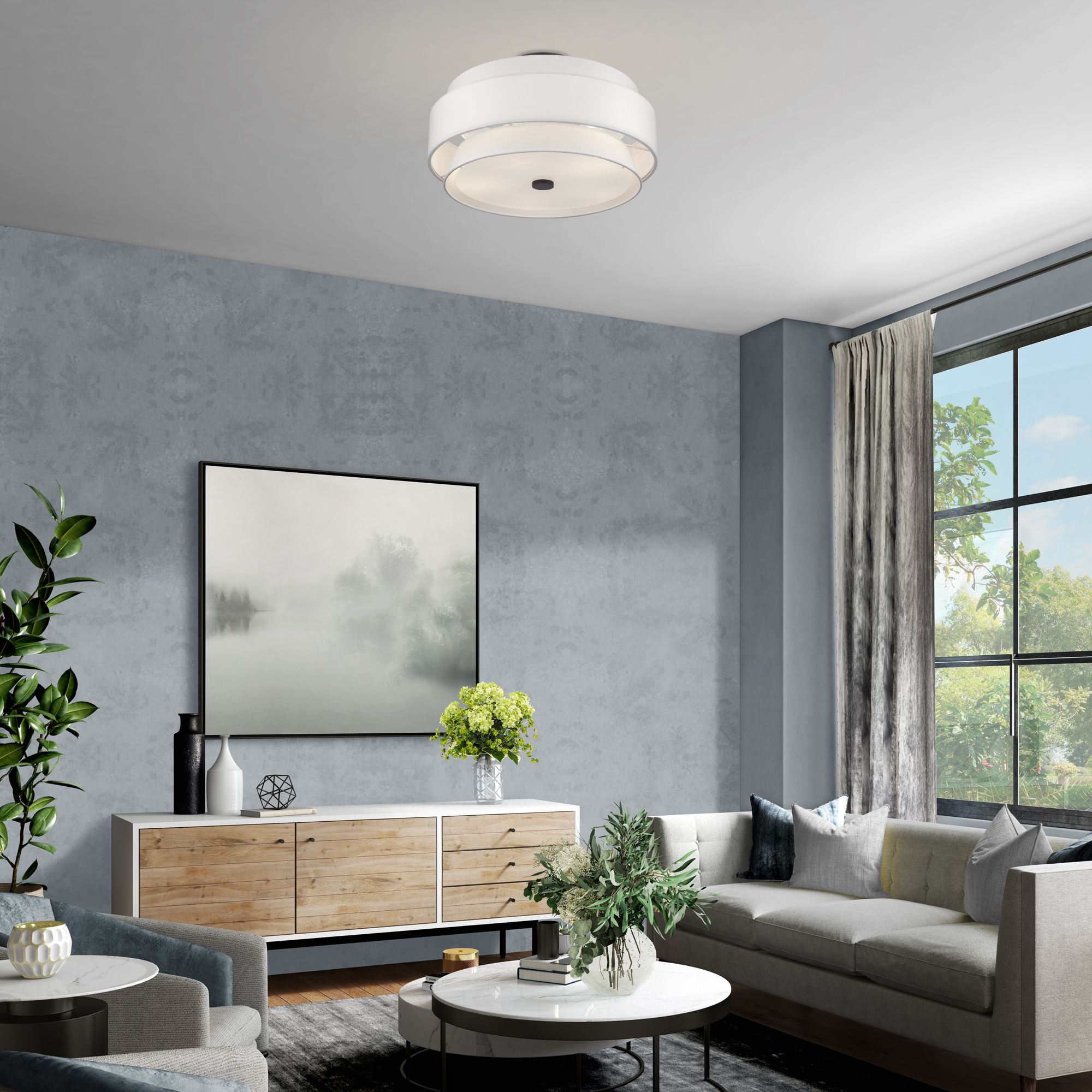 Fontana 5 Light Bronze Large Semi-Flush with Off-White Shades