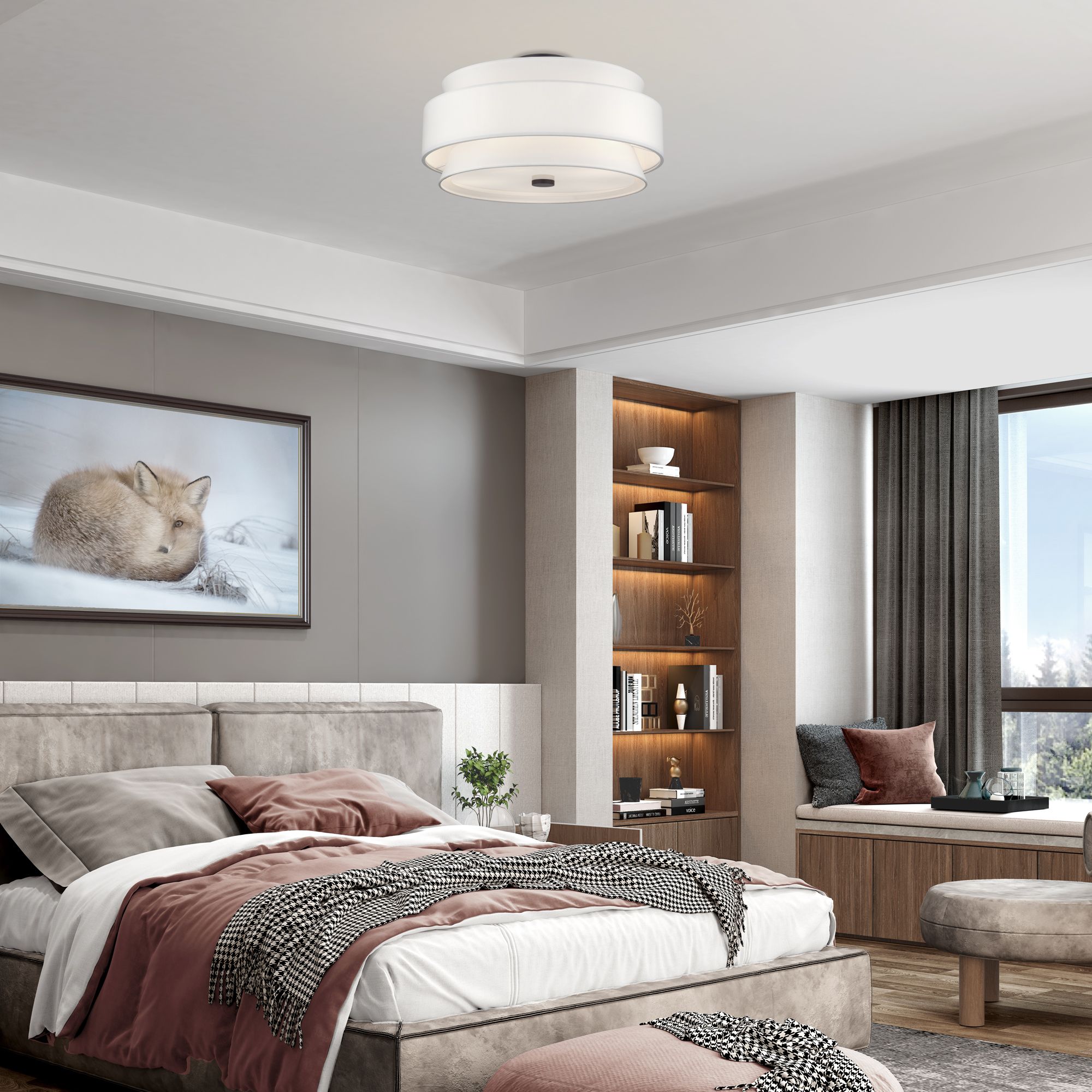 Fontana 5 Light Bronze Large Semi-Flush with Off-White Shades