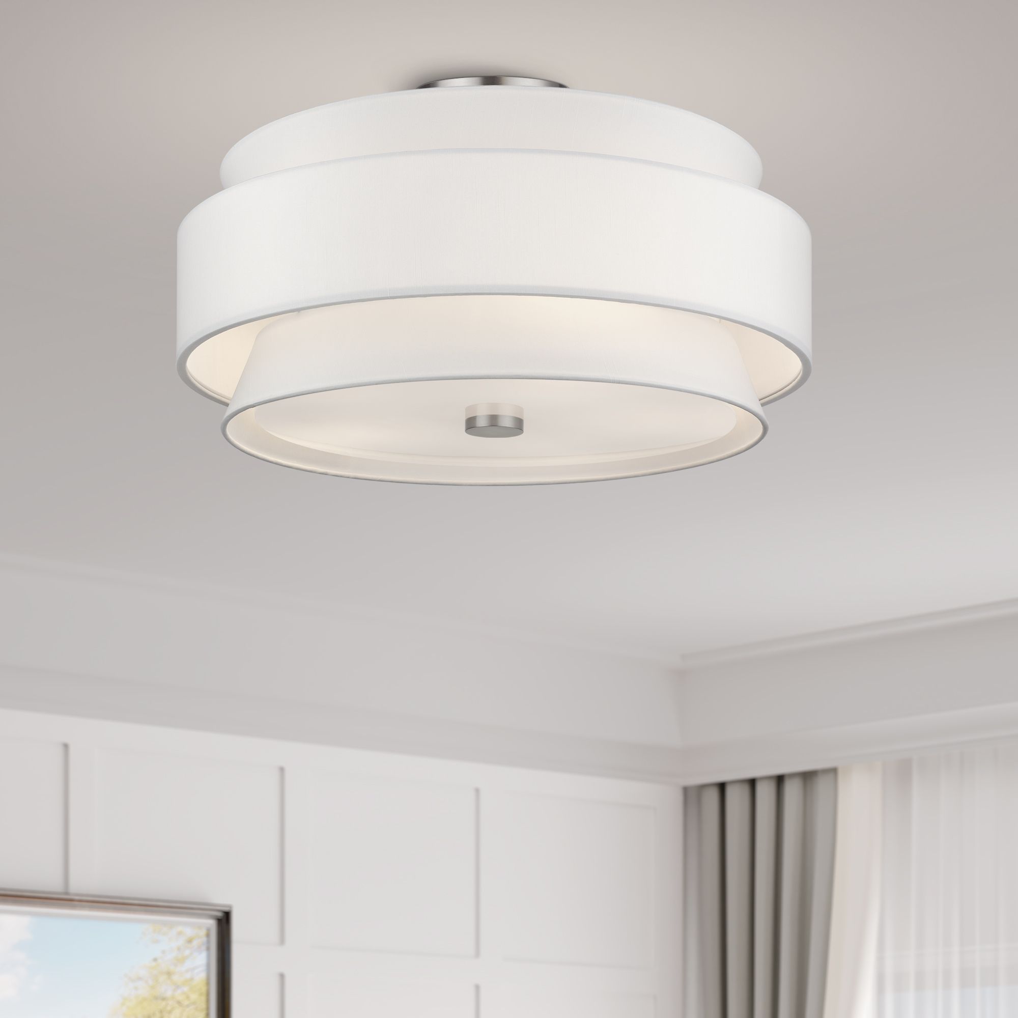 Fontana 5 Light Brushed Nickel Large Semi-Flush with Off-White Shades