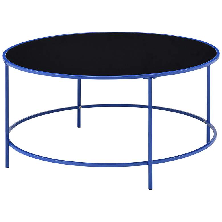 Fontayn 36&quot; Wide Blue Metal Black Glass Round Coffee Table