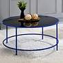 Fontayn 36" Wide Blue Metal Black Glass Round Coffee Table in scene