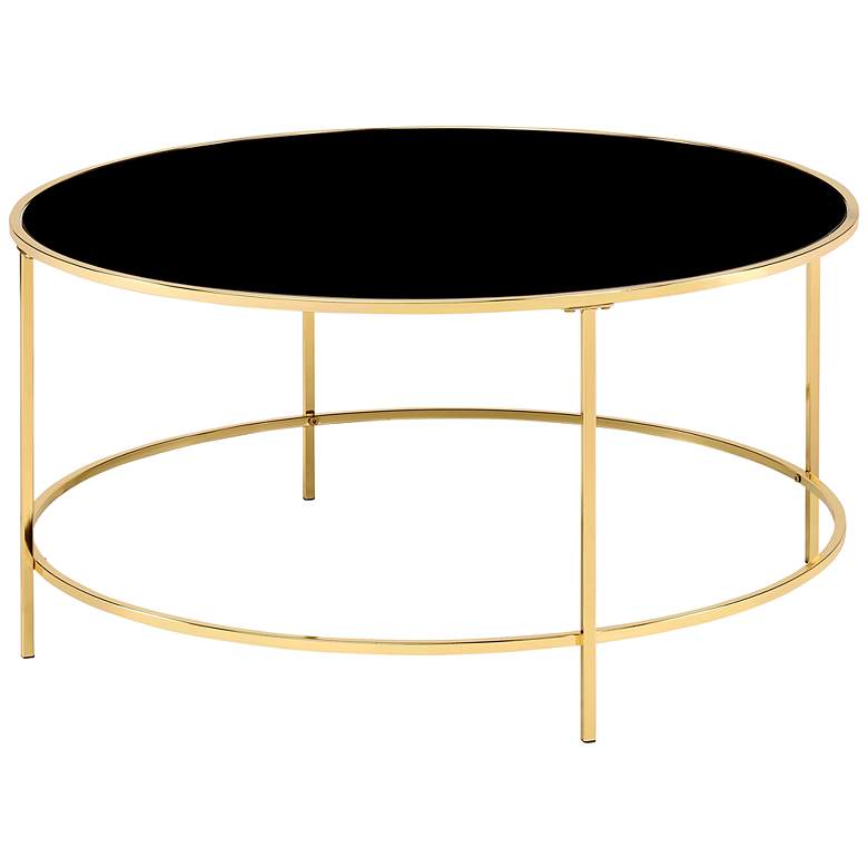 Image 2 Fontayn 36 inch Wide Brass Metal Black Glass Round Coffee Table