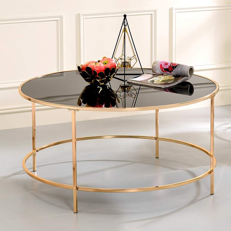 Image 1 Fontayn 36 inch Wide Gold Metal Black Glass Round Coffee Table