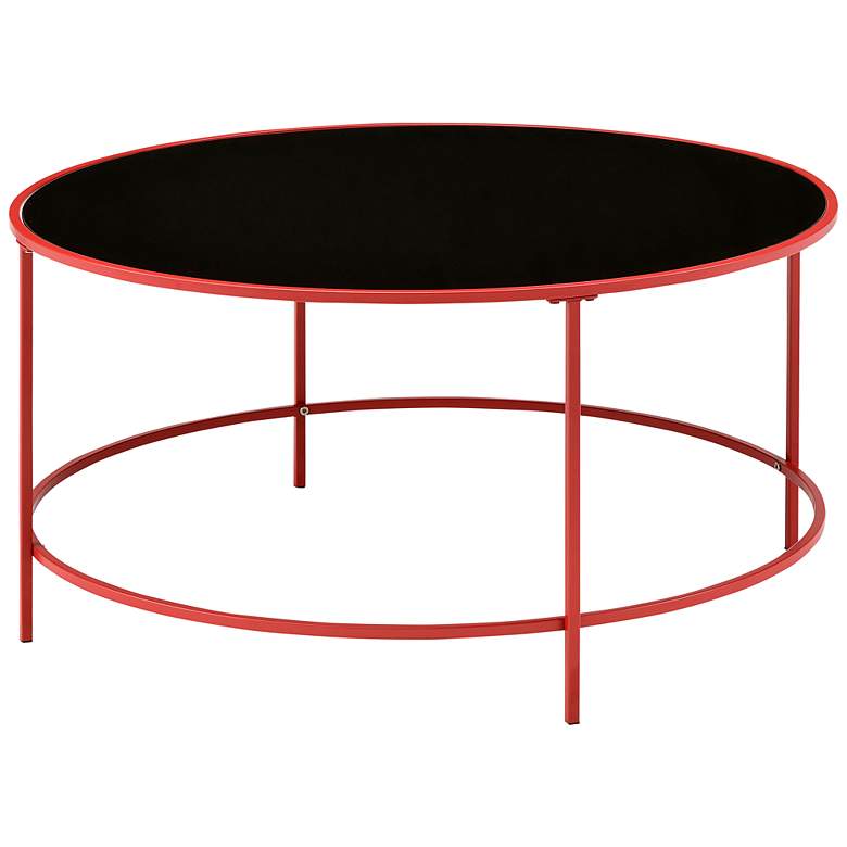 Fontayn 36&quot; Wide Red Metal Black Glass Round Coffee Table