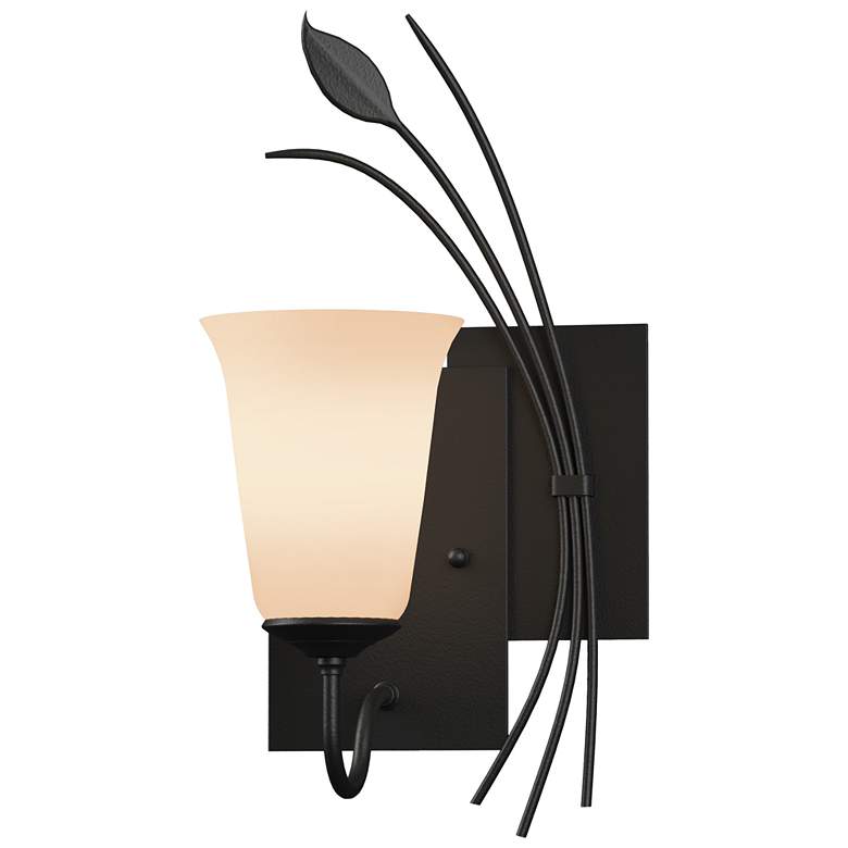 Image 1 Forged Leaf 14.6" High Right Orientation Black Sconce With Opal Glass