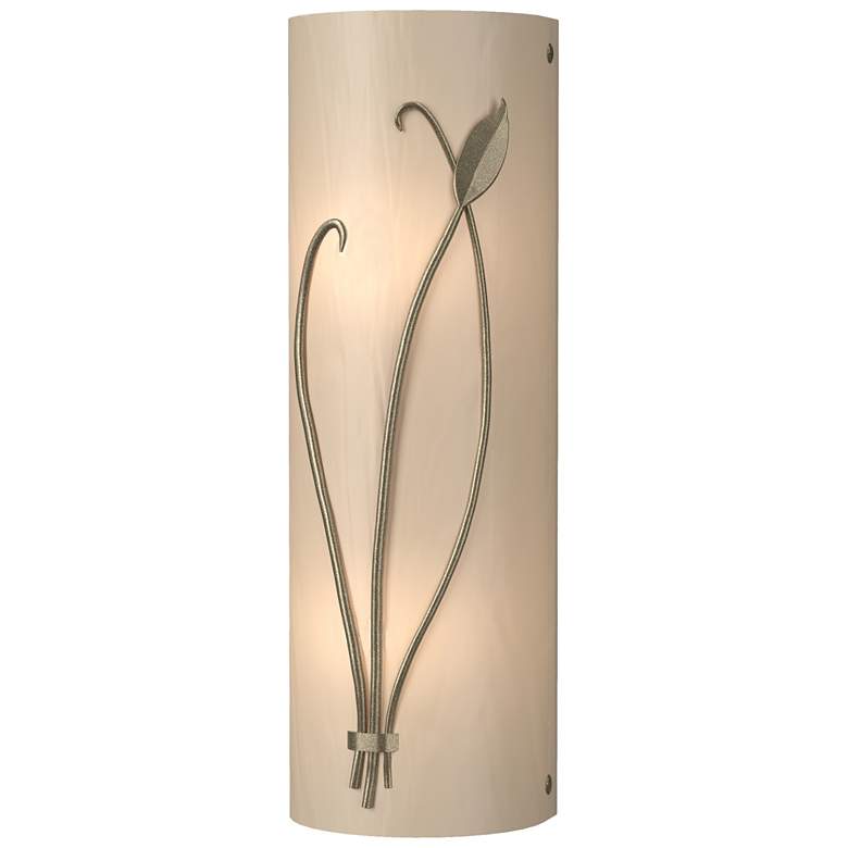Image 1 Forged Leaf and Stem 17"H Left Soft Gold Sconce w/ White Art Glass Sha