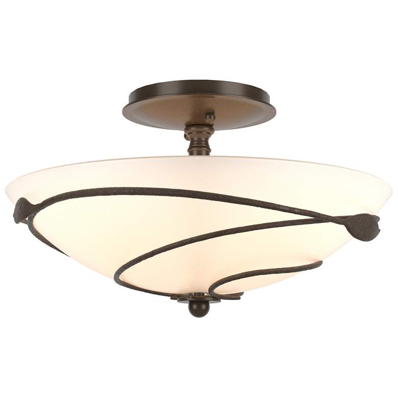 Image 1 Forged Leaves 13.5" Wide Bronze Semi-Flush With Opal Glass Shade