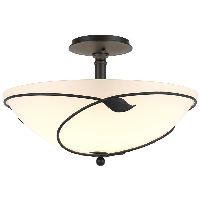 Image 1 Forged Leaves 16" Wide Large Black Semi-Flush With Opal Glass Shade