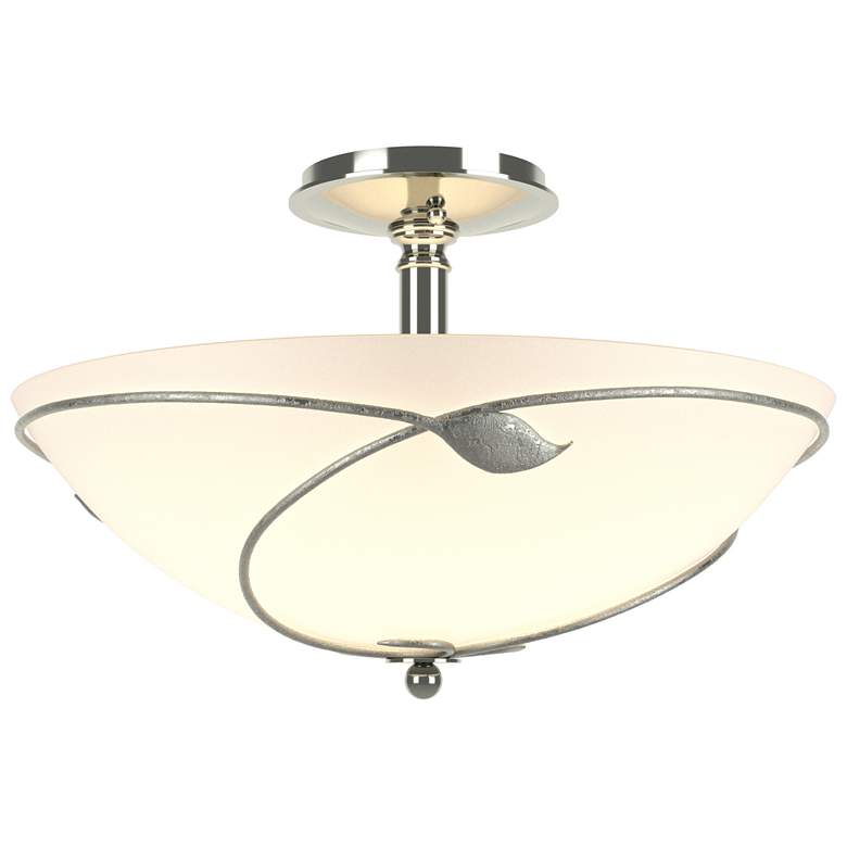 Image 1 Forged Leaves 16" Wide Large Sterling Semi-Flush With Opal Glass Shade