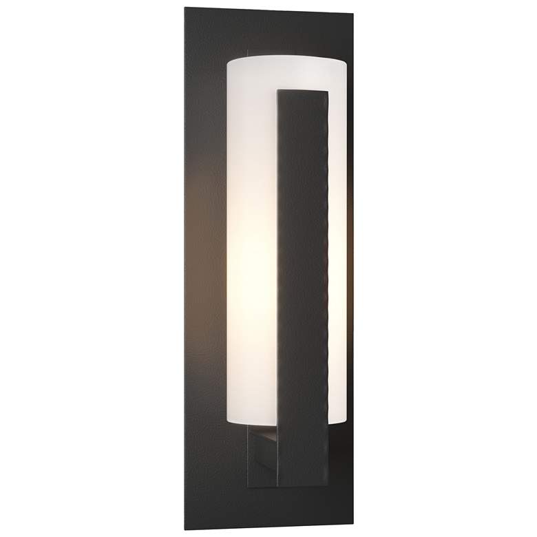 Image 1 Forged Vertical Bars 15"H Small Black Outdoor Sconce w/ Opal Shade
